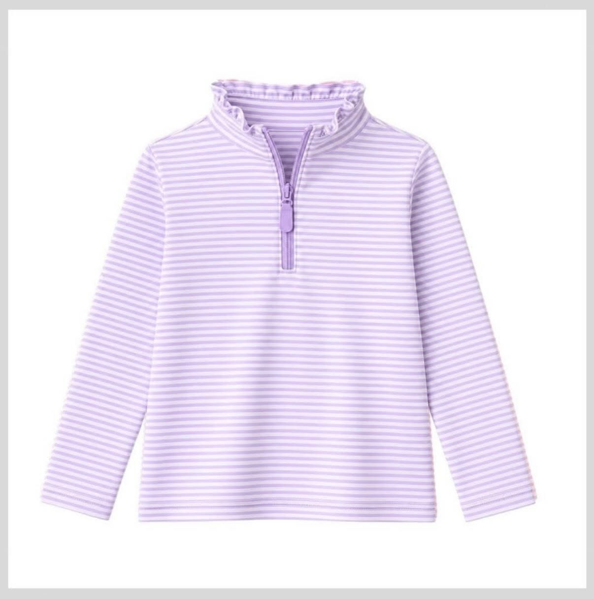 Long sleeves lavender stripe ruffle zipper girls pullover
