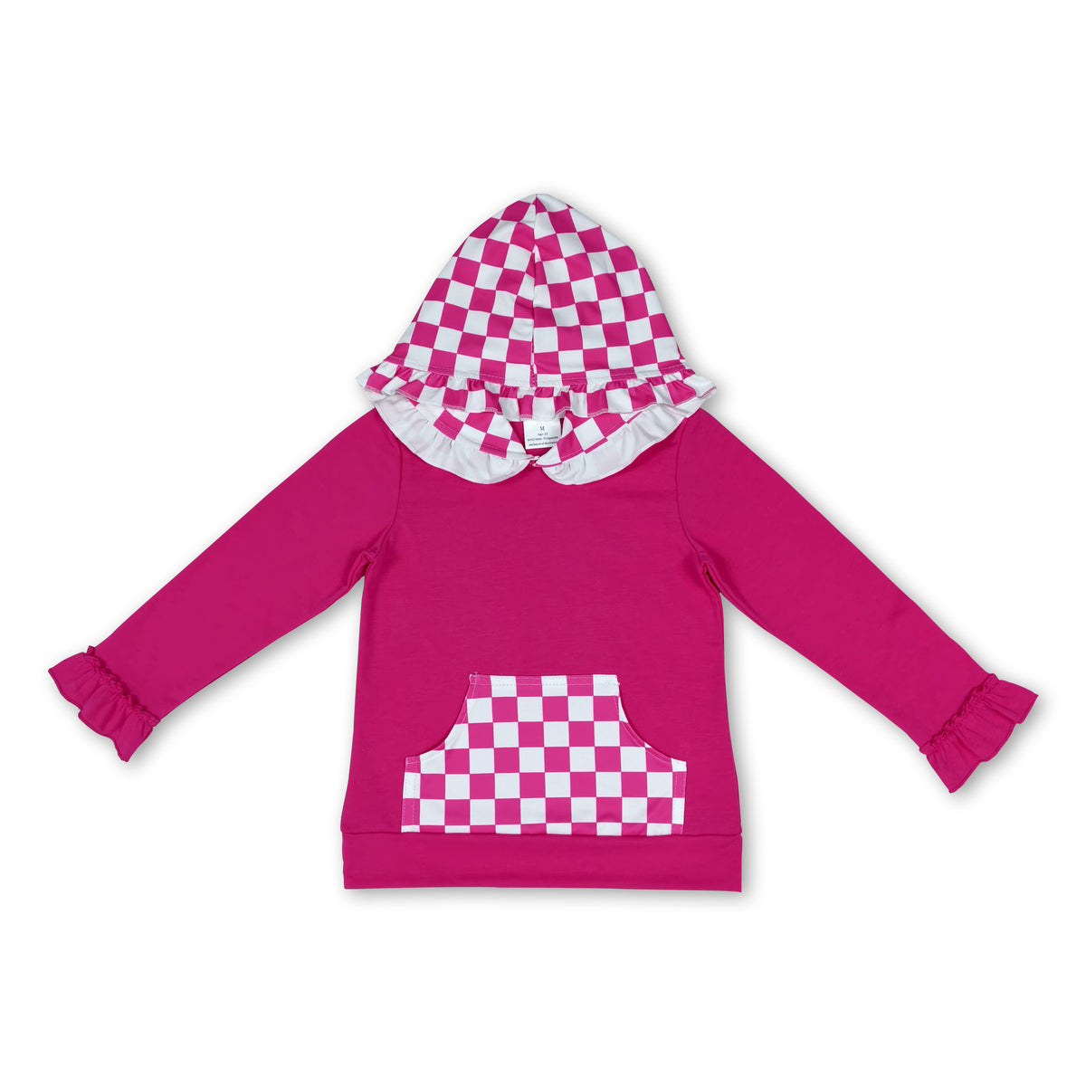Ruffle long sleeves hot pink plaid pocket girls hoodie