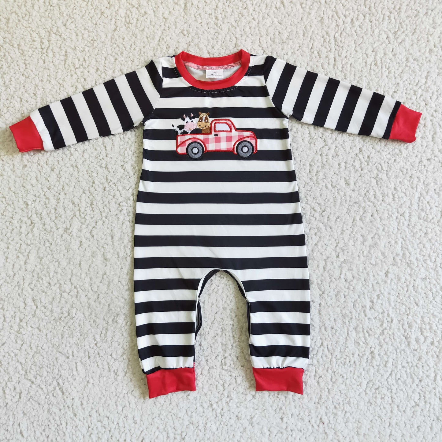 Cow truck embroidery stripe baby boy romper