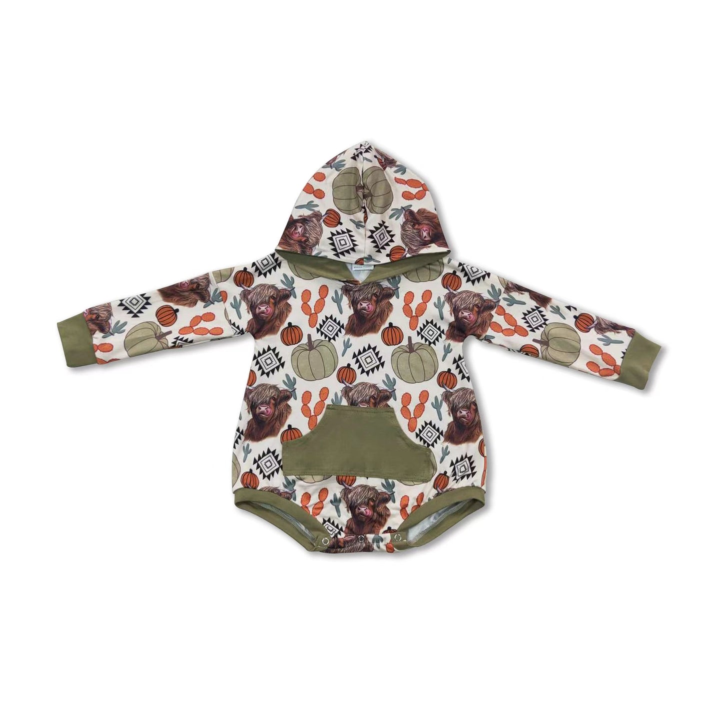 Cactus highland cow pumpkin hooded baby kids romper