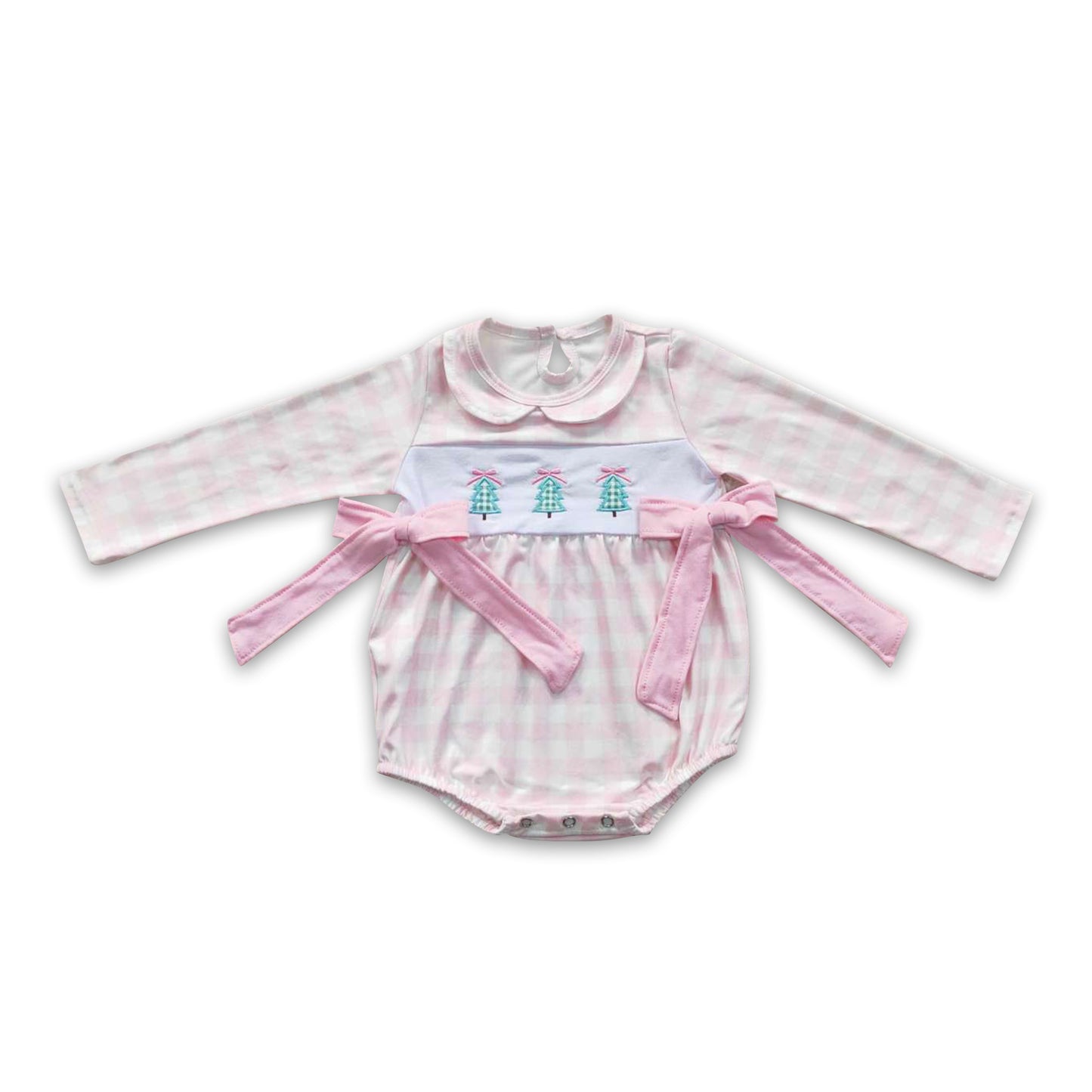 Pink plaid Christmas tree baby girls romper