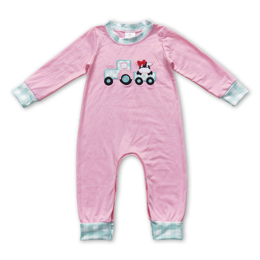 Cow tractor pink long sleeves baby girls romper