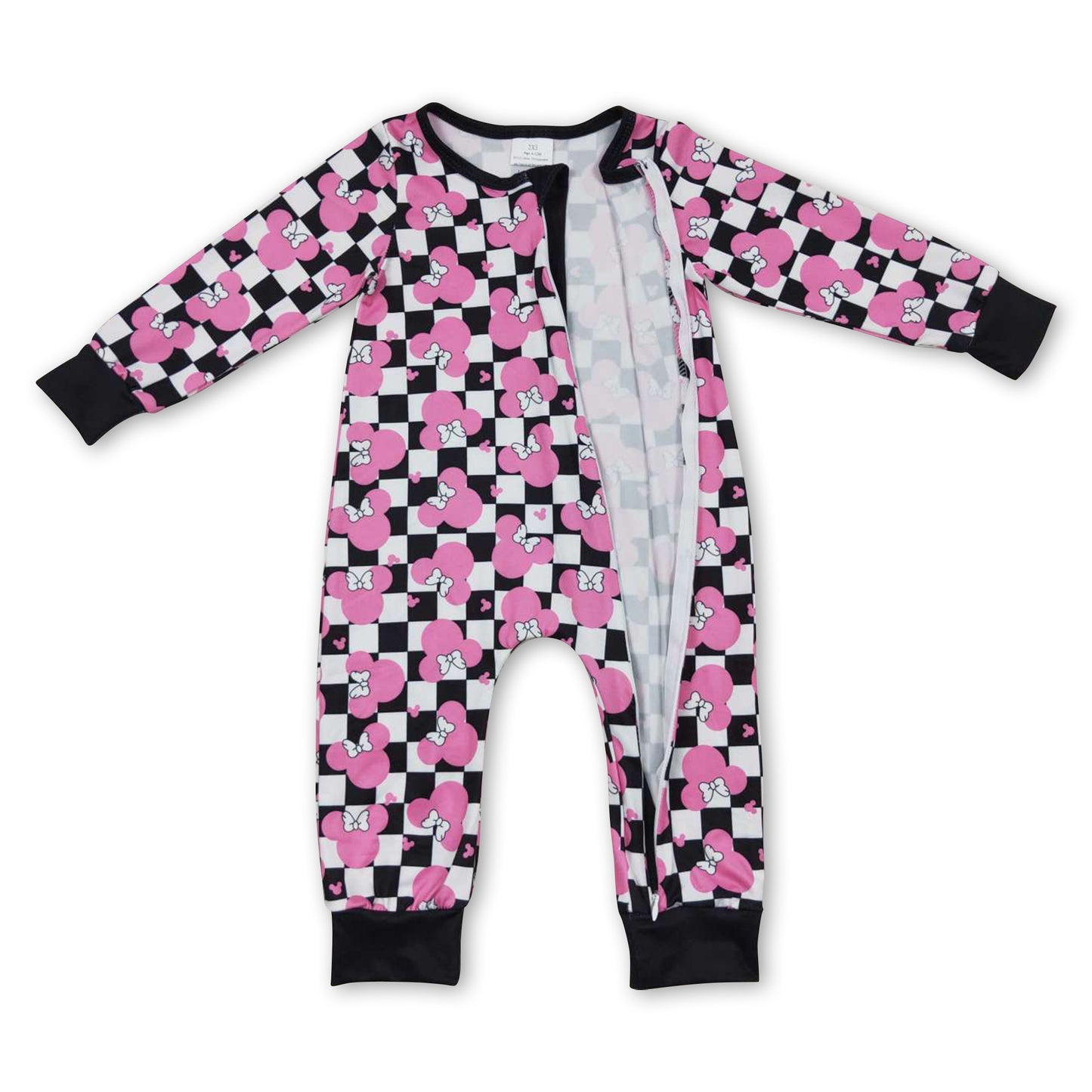 Pink mouse plaid long sleeves baby girls zipper romper