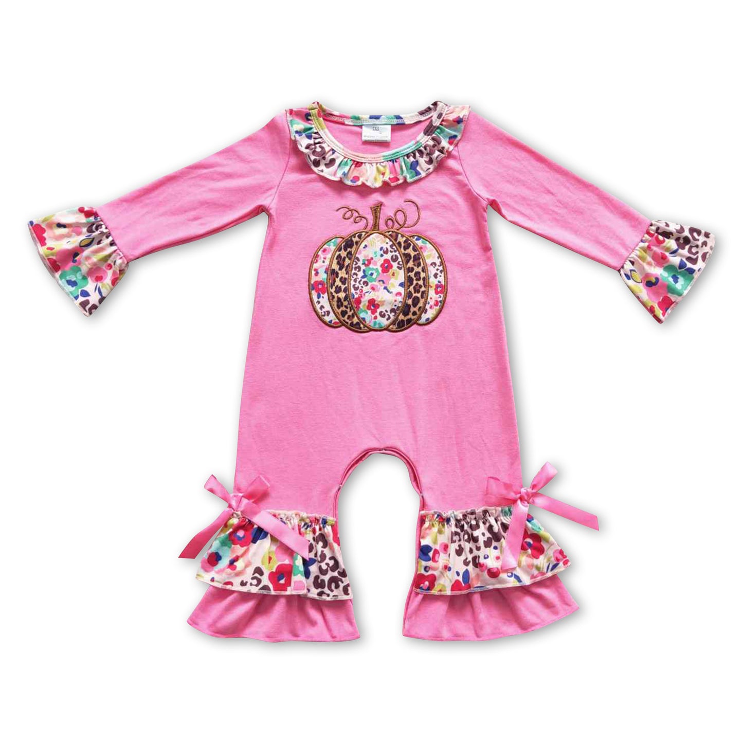 Floral leopard pumpkin ruffle baby fall romper