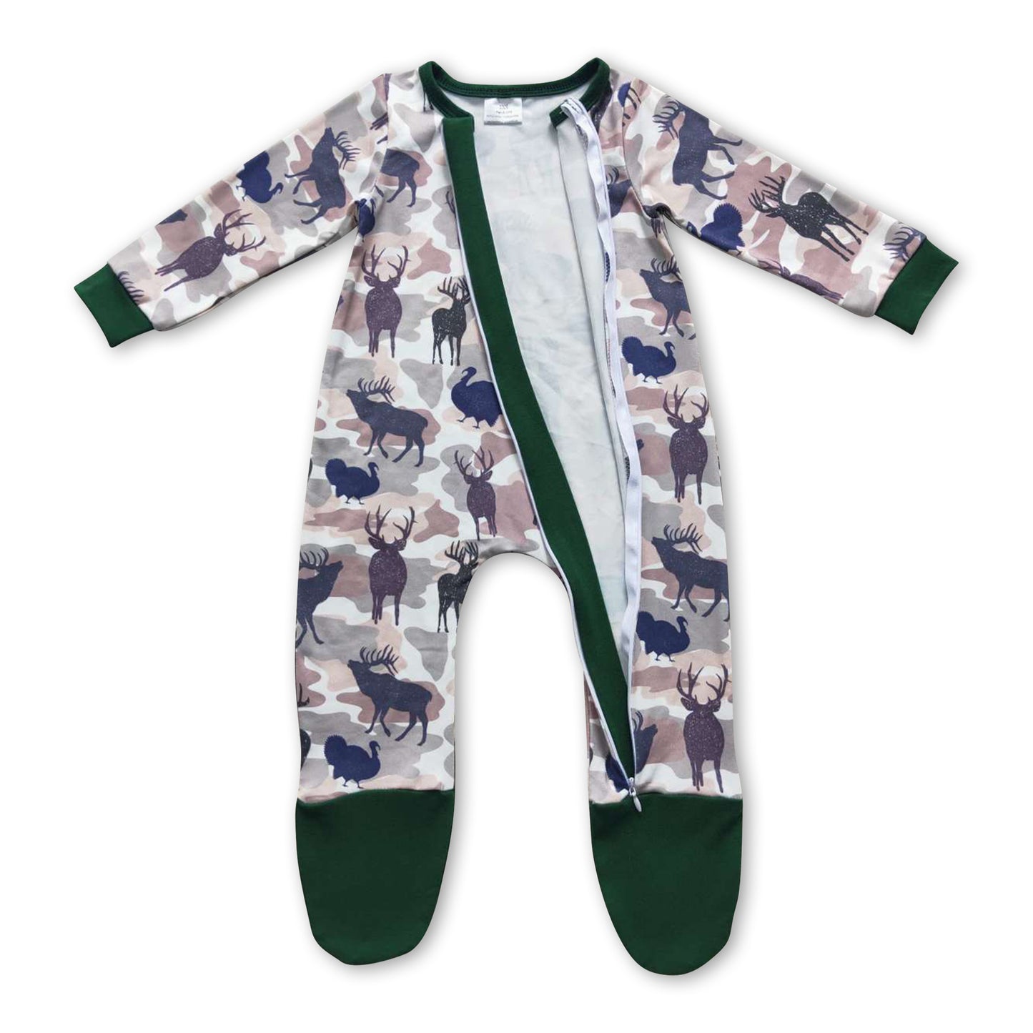 Deer camo olive long sleeves baby kids zipper romper