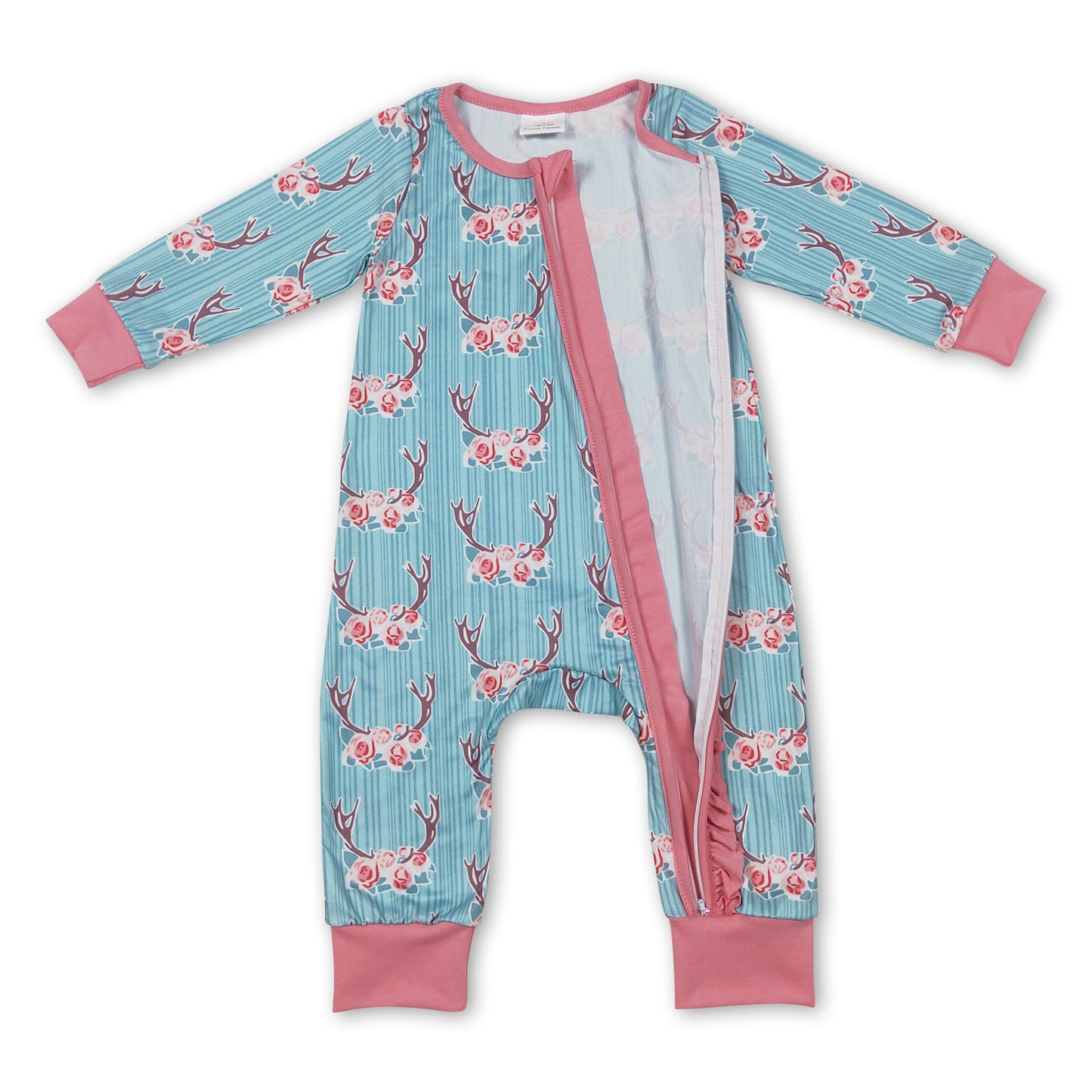 Deer floral long sleeves baby girls zipper romper