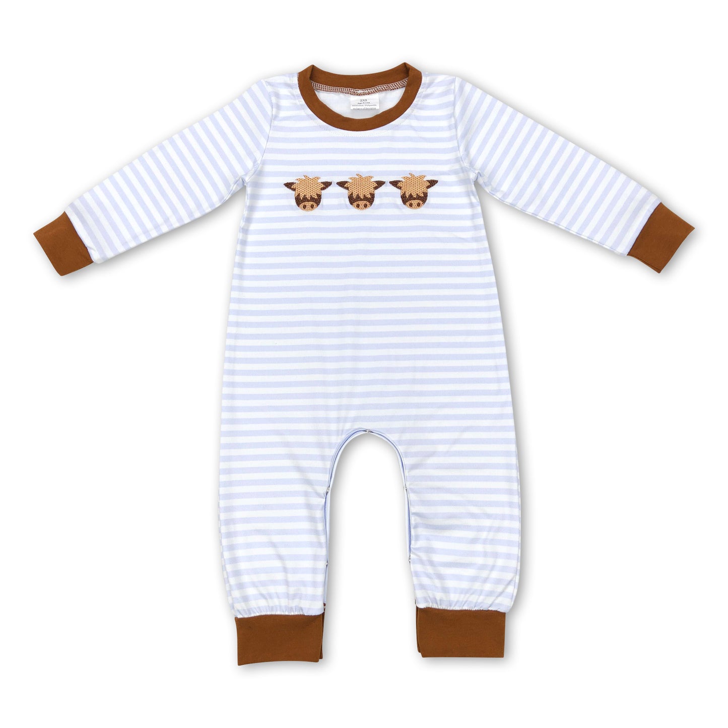 Light blue stripe highland cow baby boy romper