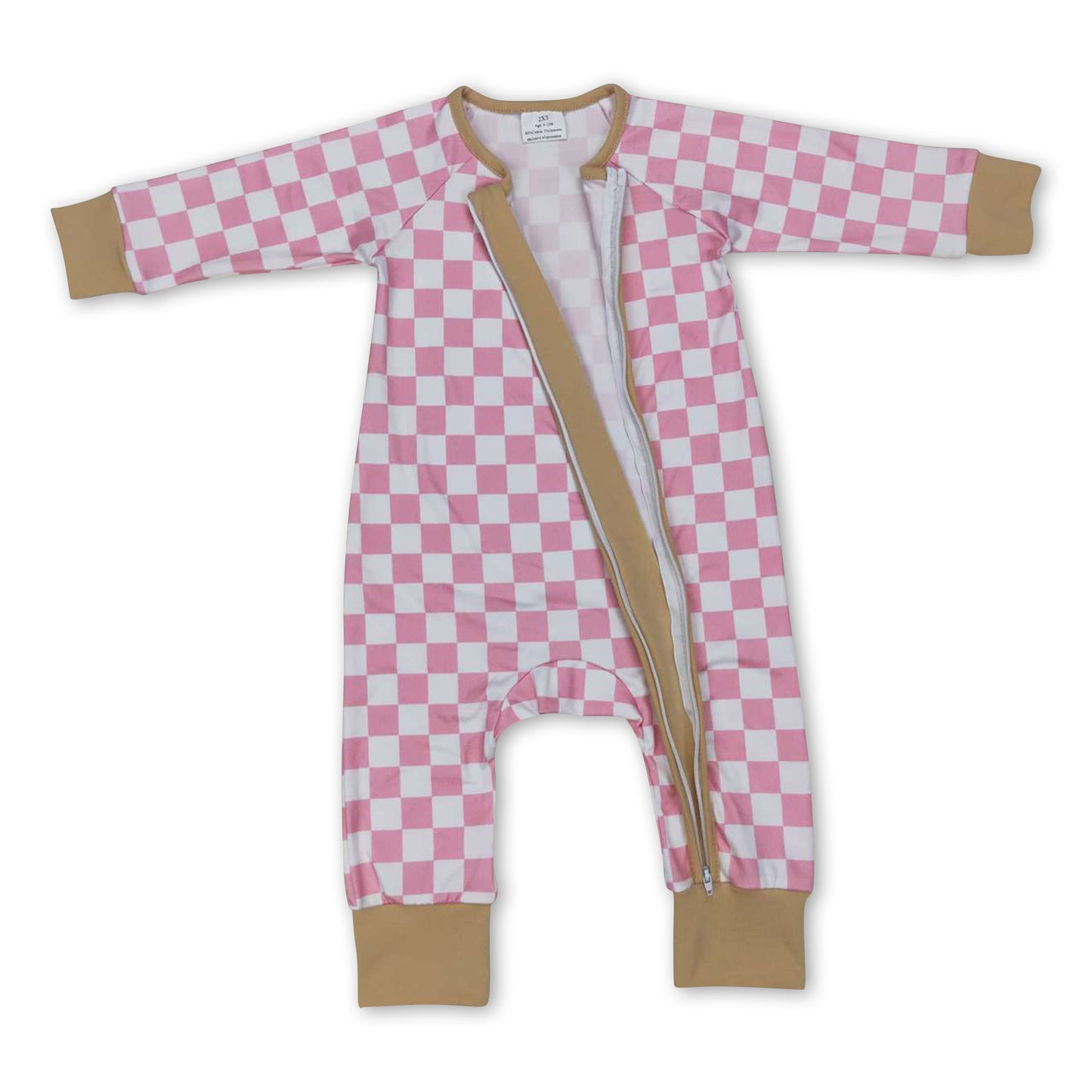 Pink plaid long sleeves baby girls zipper romper