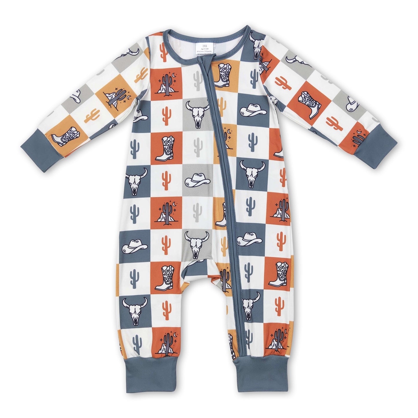 Bull skull cactus boots plaid baby western zipper romper ship from US
