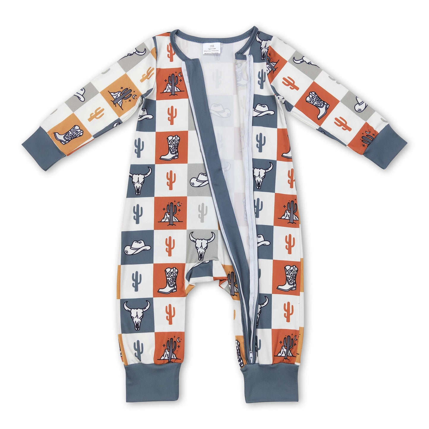 Bull skull cactus boots plaid baby western zipper romper ship from US