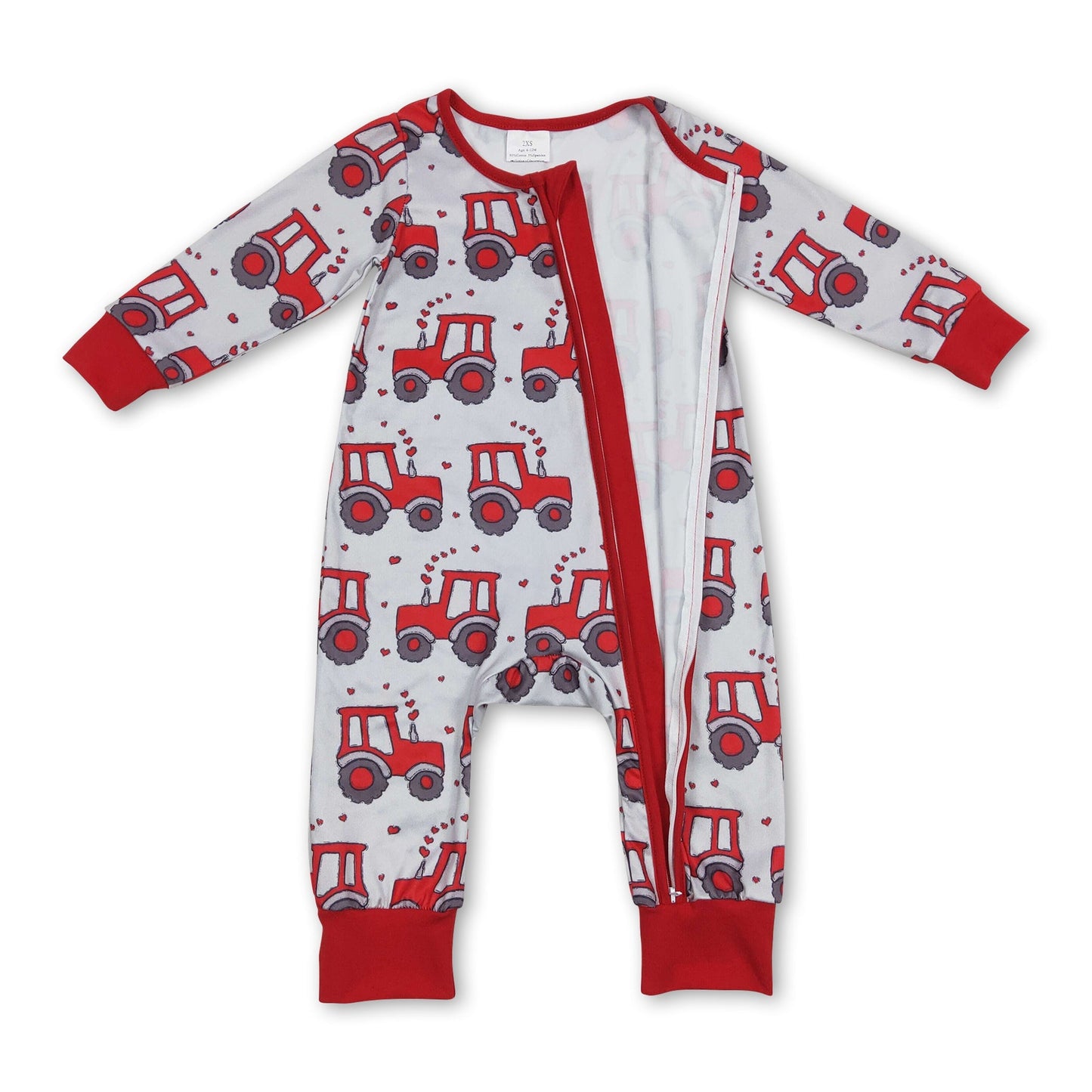 Red heart tractor baby boy valentine's day zipper romper