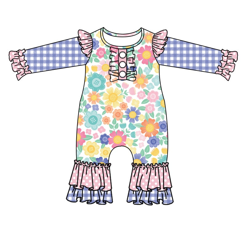 Plaid long sleeves floral baby girls romper