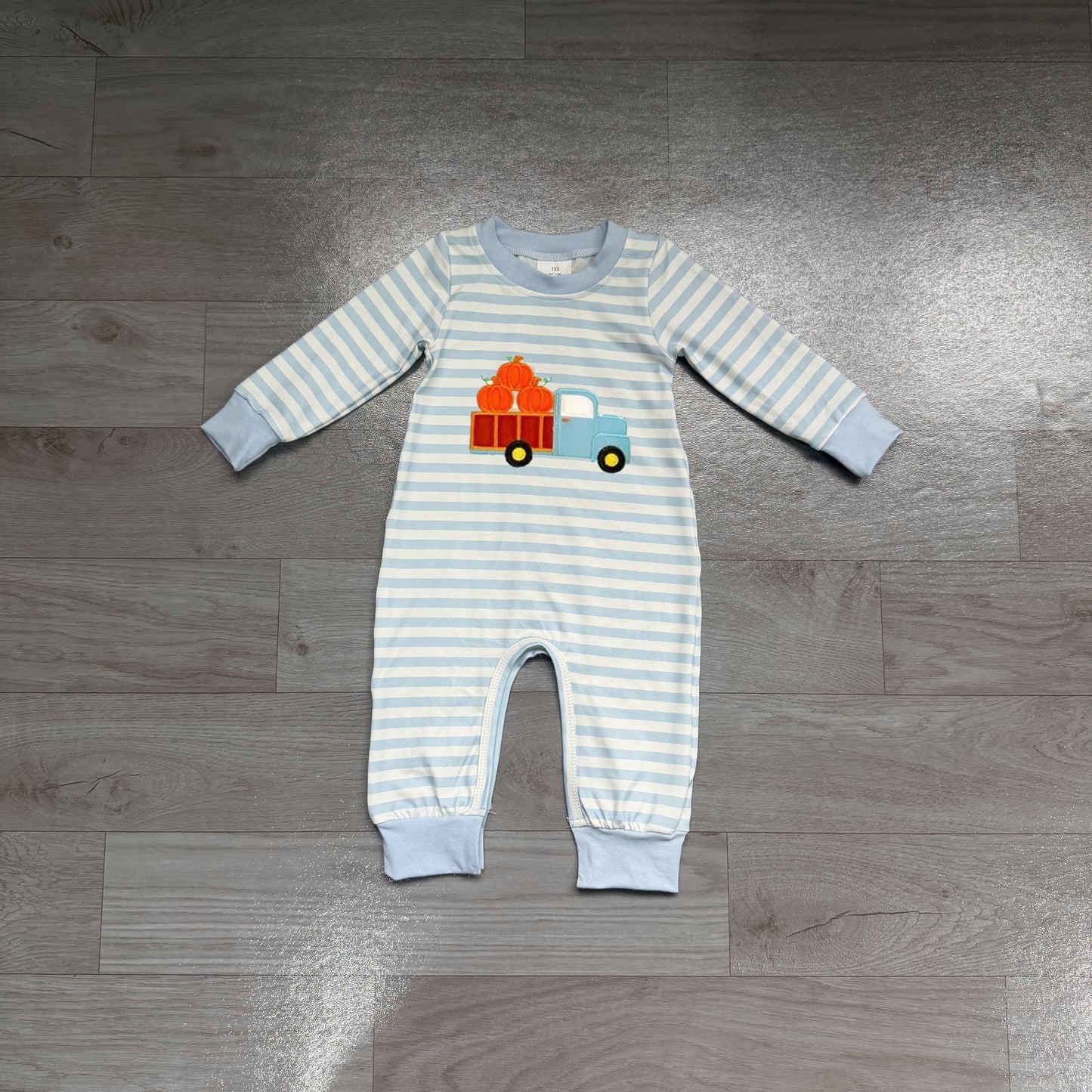 Light blue stripe pumpkin truck embroidery boy fall romper