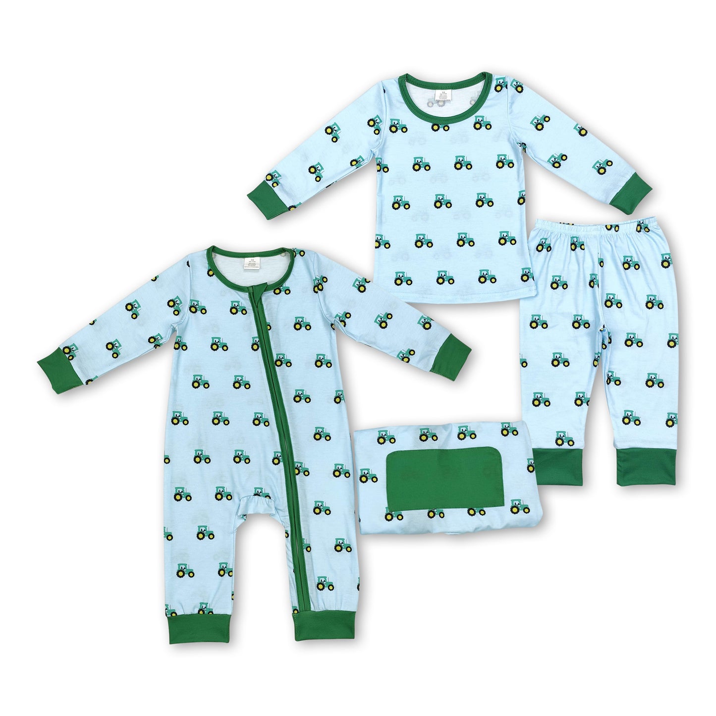 Long sleeves green tractor baby boy zipper farm romper