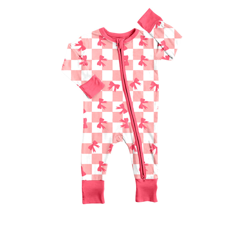 Long sleeves pink plaid bow baby girls zipper romper
