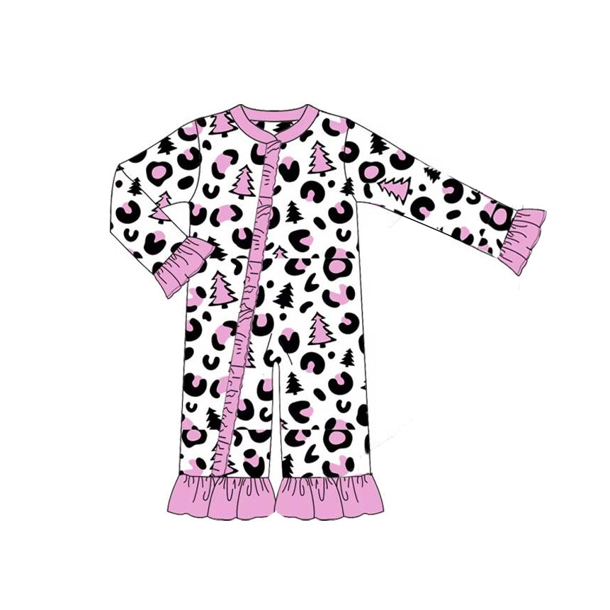 Pink leopard Christmas tree ruffle baby girls zipper romper