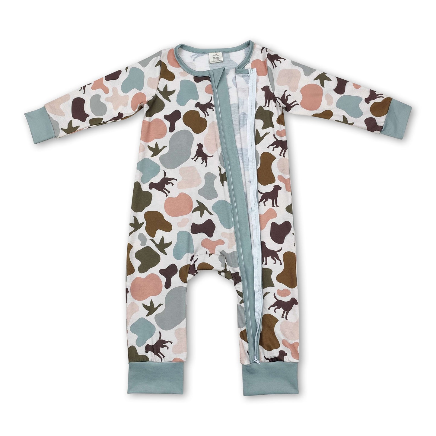 Dog duck camo long sleeves baby girl boy zipper romper