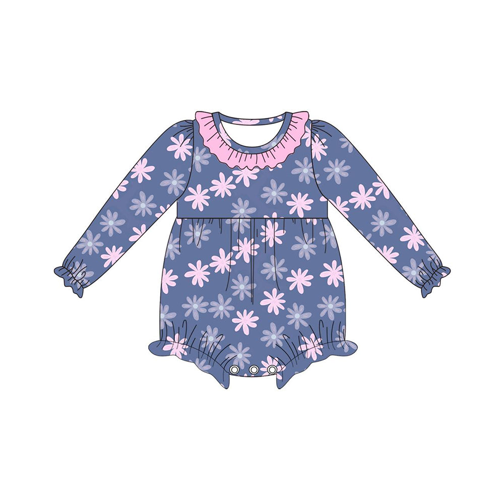 Long sleeves pink ruffle floral baby girls romper