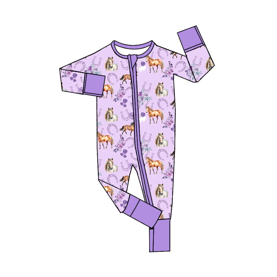Lavender long sleeves horse floral baby girls zipper romper