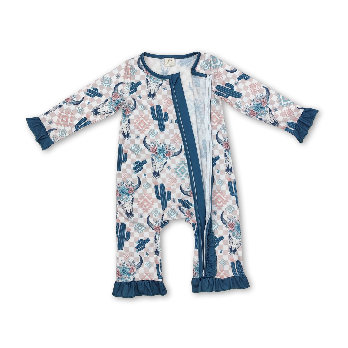 Plaid cactus bull skull floral baby girls zipper romper ship from US