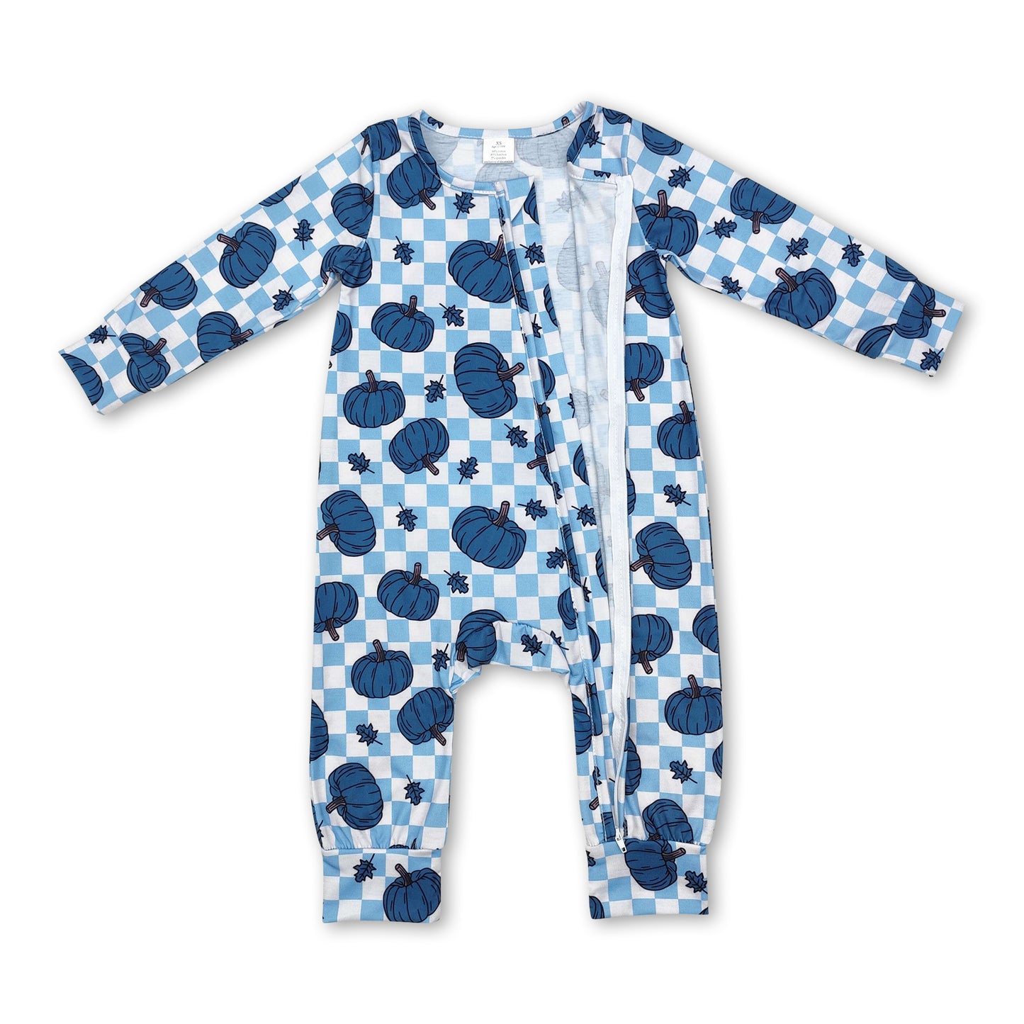Turquoise pumpkin plaid babyboys fall zipper romper