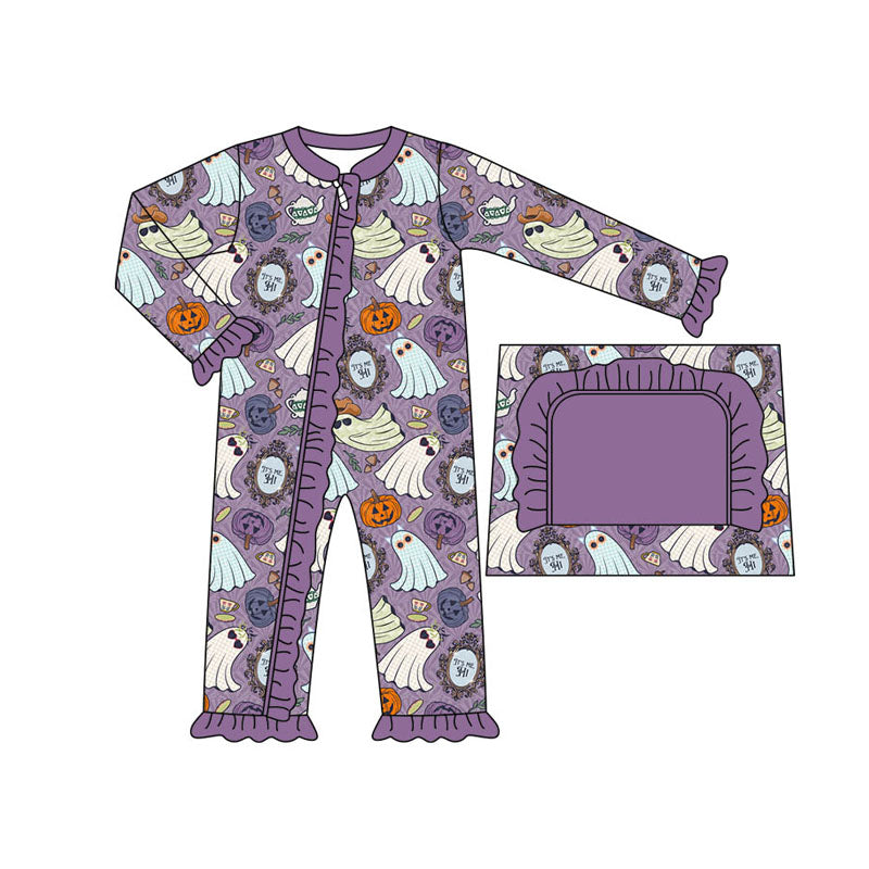 Purple ghost pumpkin girl Halloween zipper romper