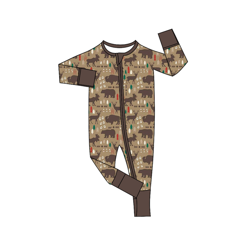 Long sleeves cow bear deer baby boy zipper romper