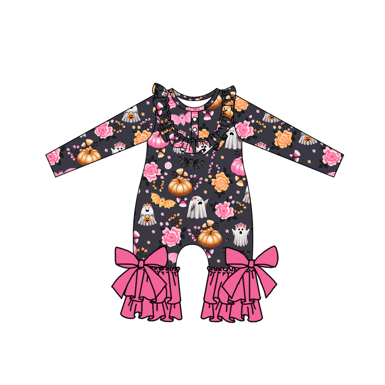Pink ruffle floral ghost pumpkin girls Halloween romper