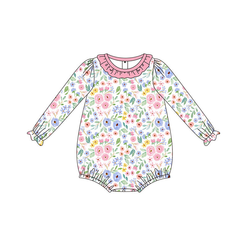 Pink ruffle long sleeves floral baby girls romper