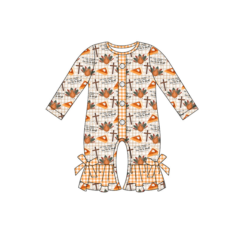 Plaid turkey pumpkin pie ruffle girls Thanksgiving romper