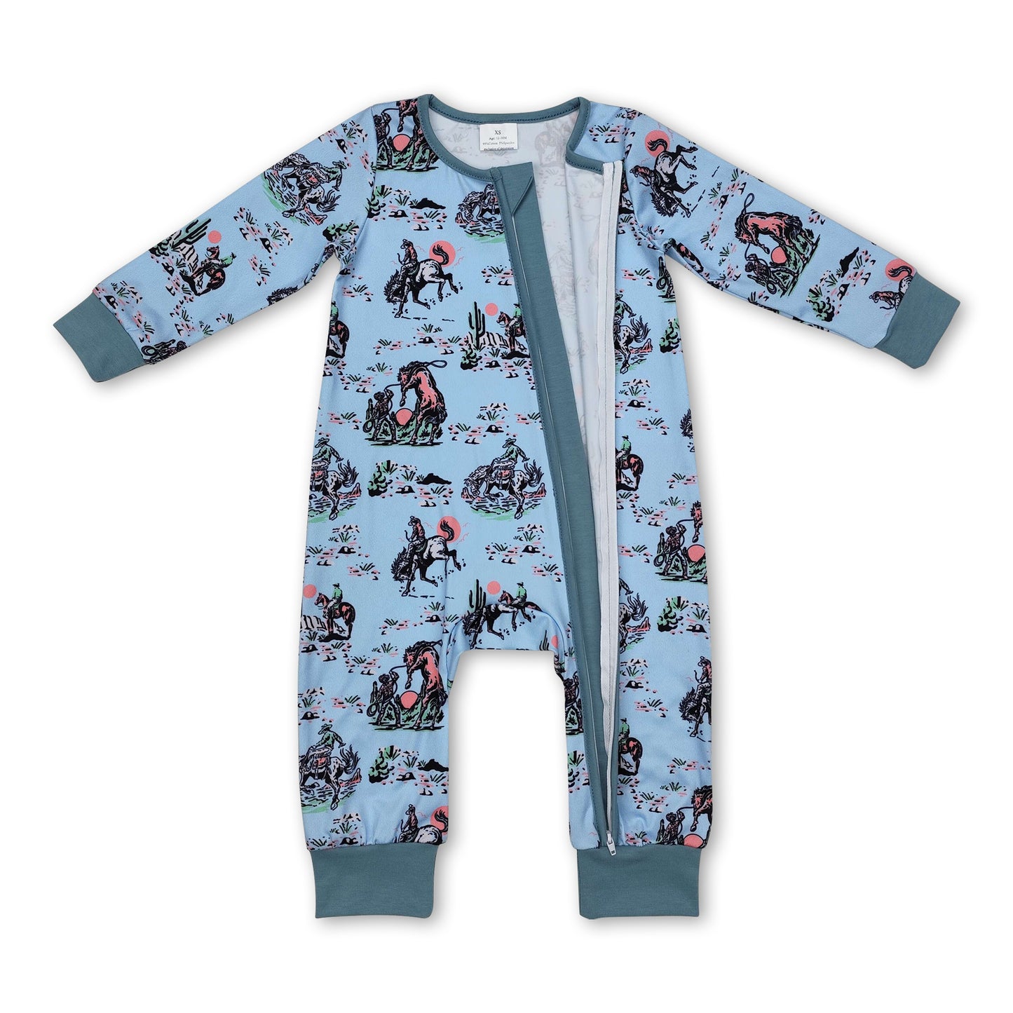 Long sleeves horse cactus baby boy western zipper romper