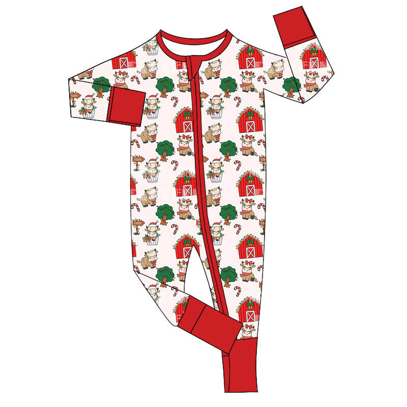 Cows candy cane farm baby Christmas zipper romper