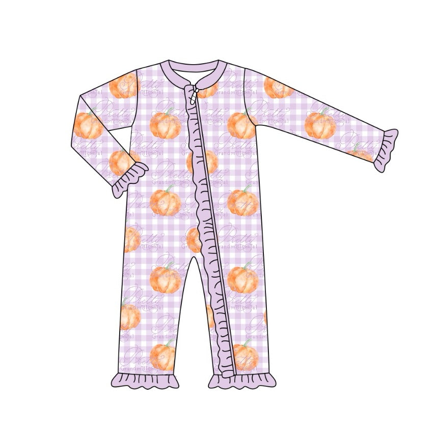 Ruffle long sleeves plaid pumpkin baby girls zipper romper