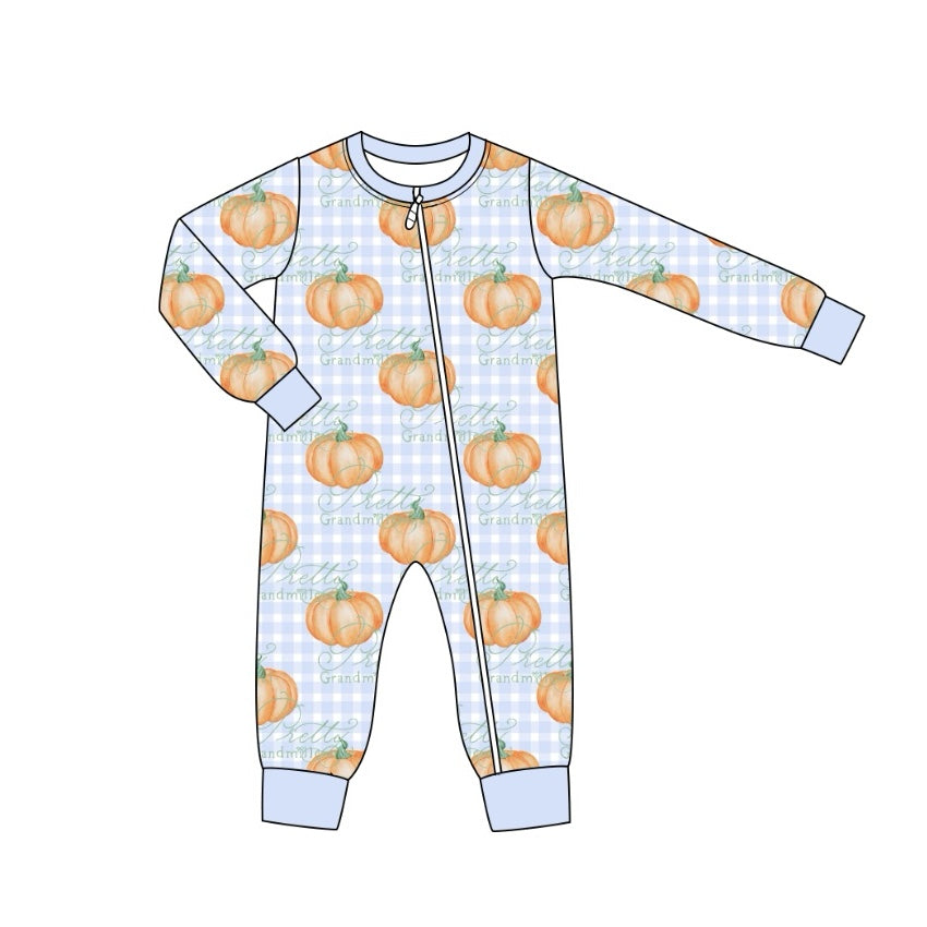 Light blue plaid pumpkin baby boy fall zipper sleeper