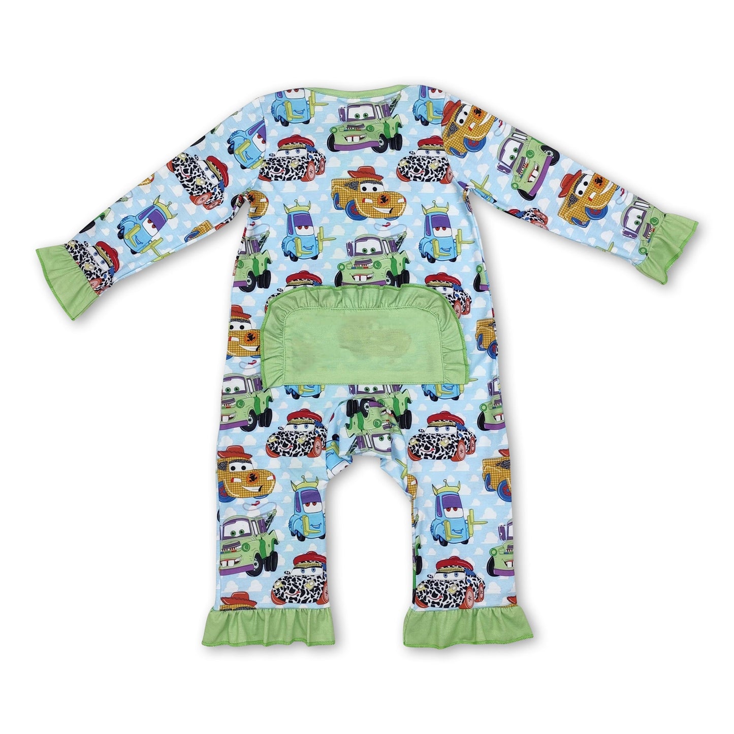 Green long sleeves toy cars baby girls zipper romper