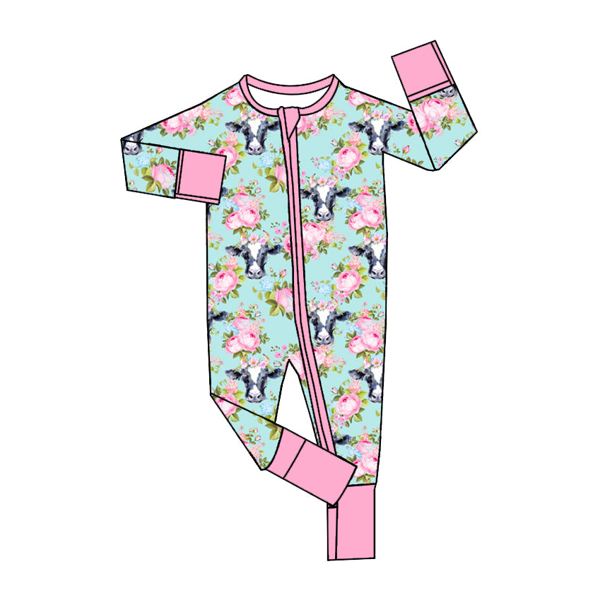 Pink long sleeves floral cows baby girls zipper romper