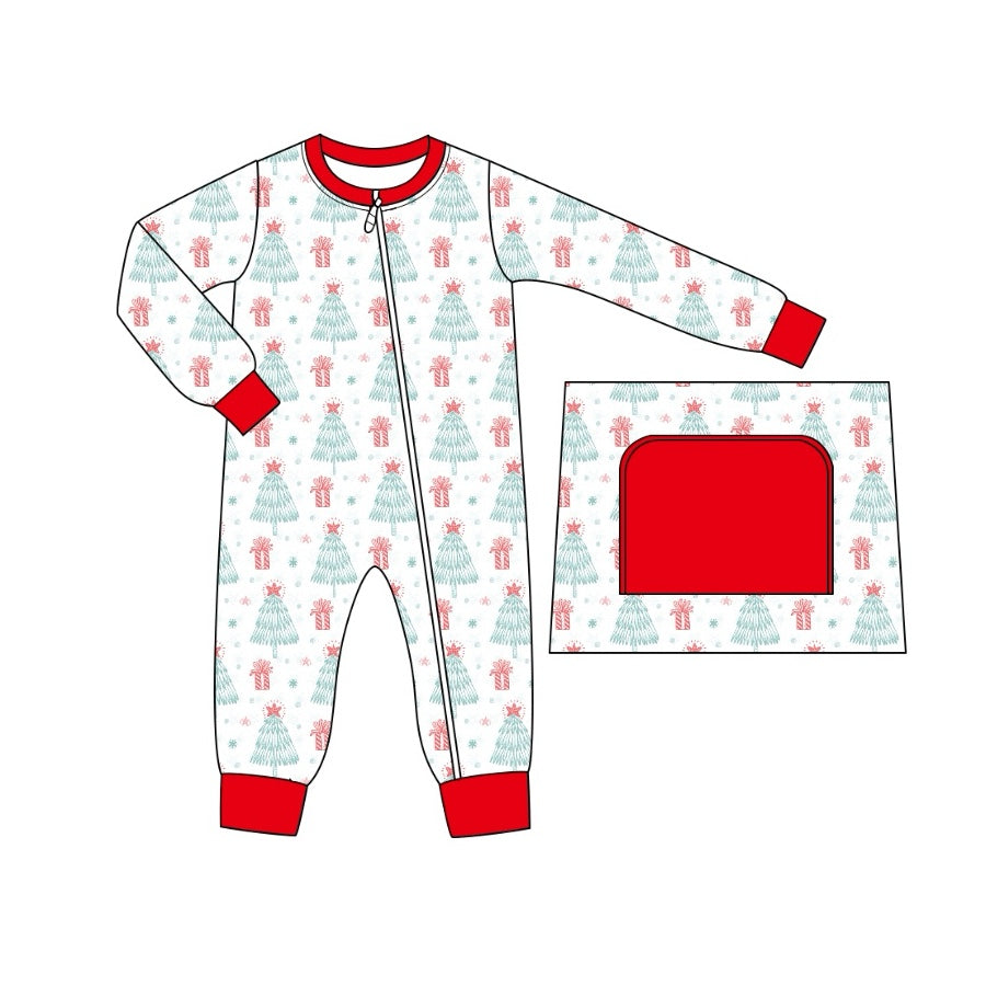 Long sleeves Christmas tree gift boy zipper romper
