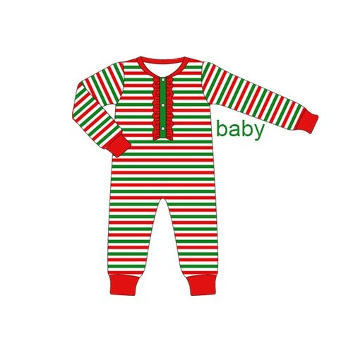 Long sleeves red green stripe baby girls Christmas romper