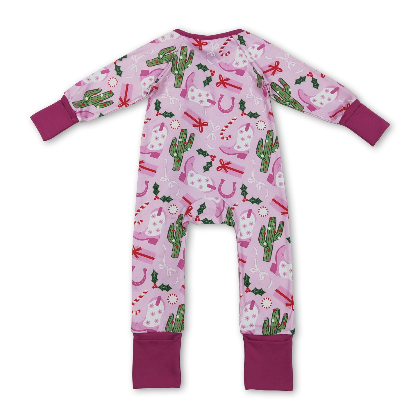 Pink boots candy cane gift baby western Christmas zipper romper