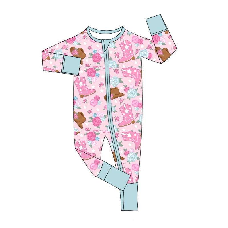 Pink boots hat floral baby girls zipper romper