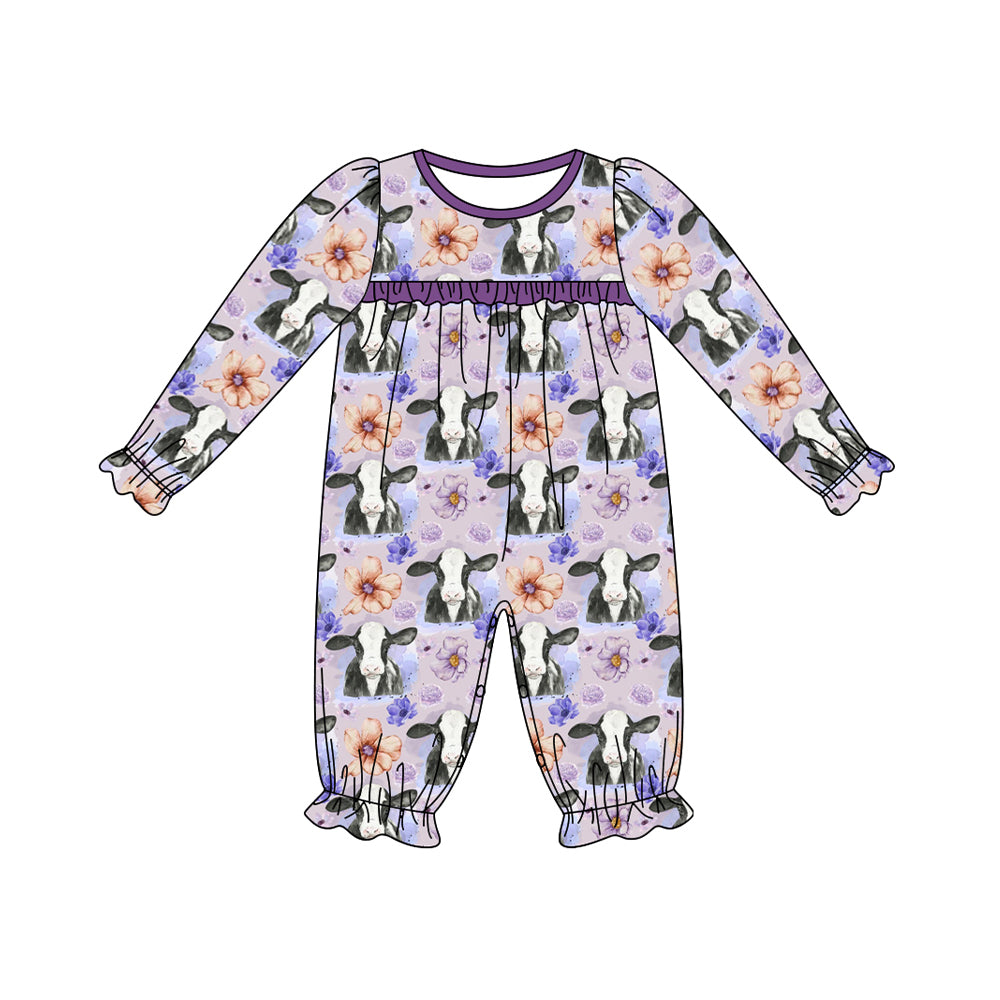 Long sleeves purple floral ruffle cow girls romper