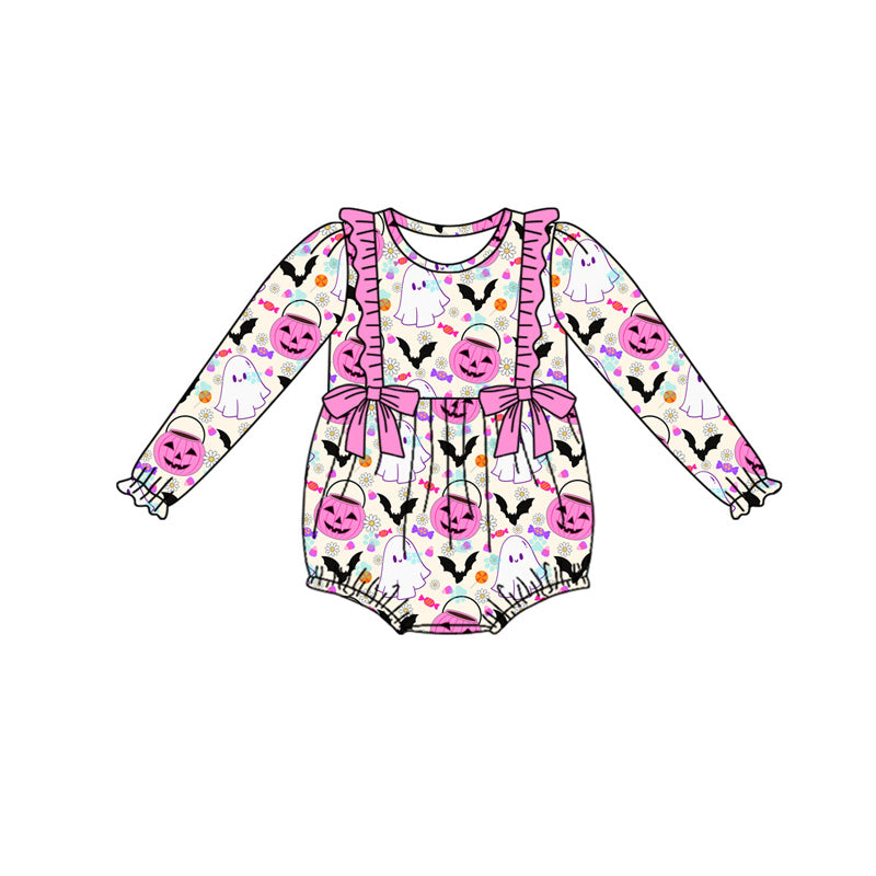 Pink ruffle pumpkin basket ghost baby Halloween romper