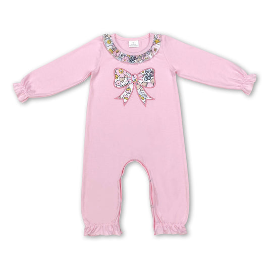Pink bow ruffle long sleeves baby girls romper ship from US