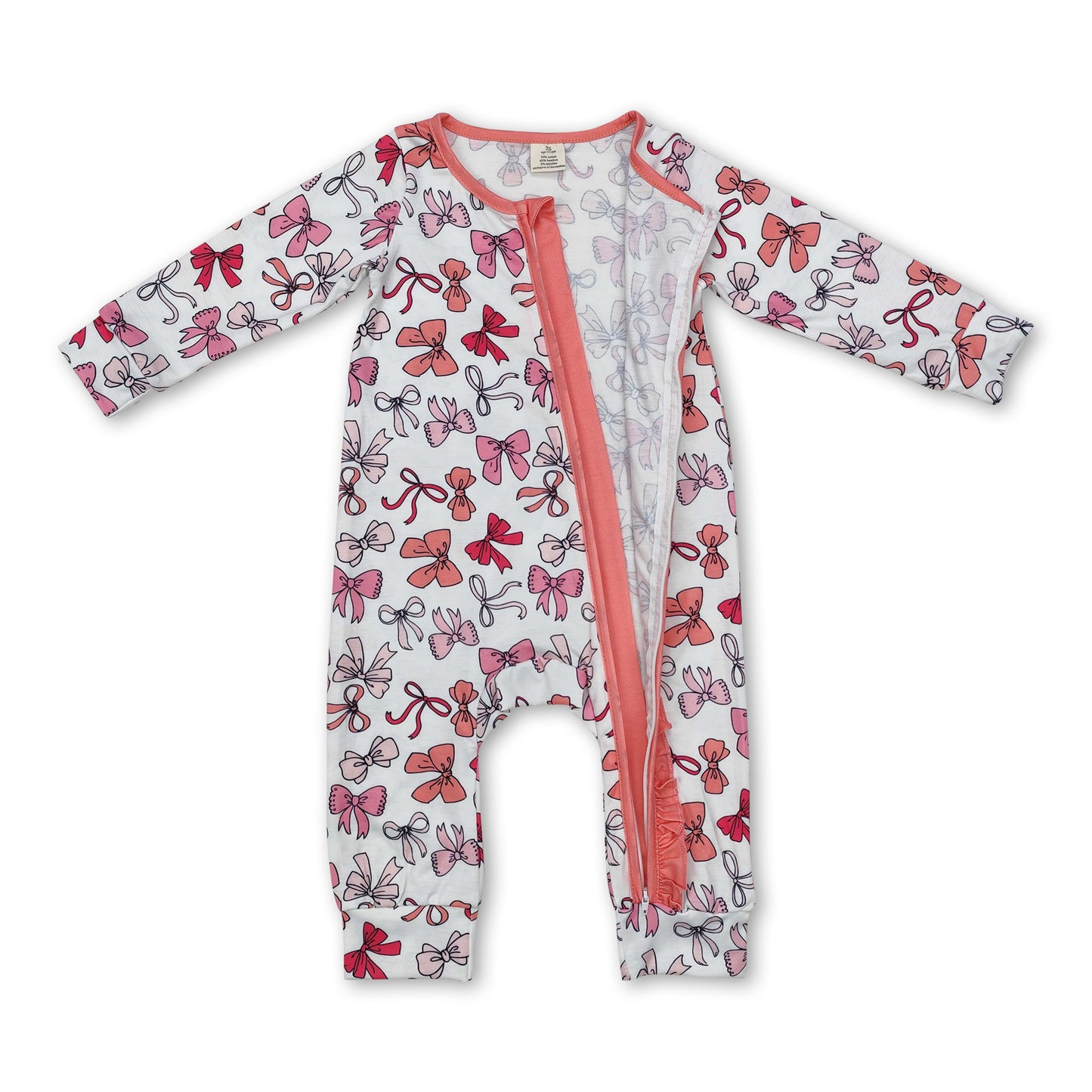 Pink ruffle long sleeves bow baby girls zipper romper ship from US