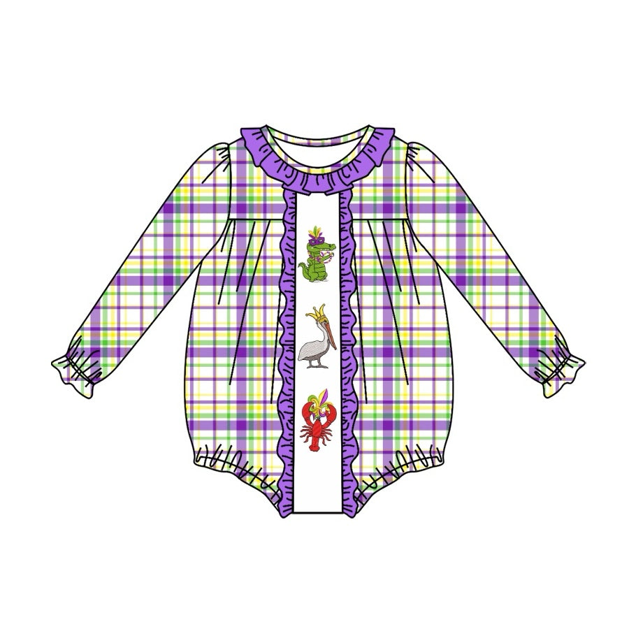 Plaid alligator pelican crawfish girls mardi gras romper