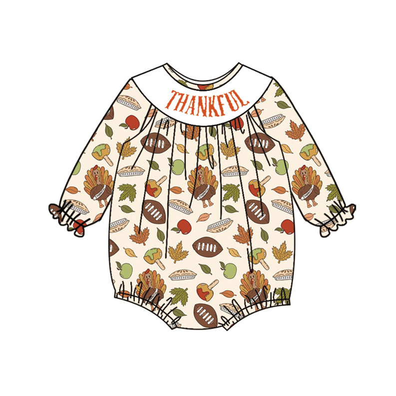 Long sleeves football turkey girls Thanksgiving romper