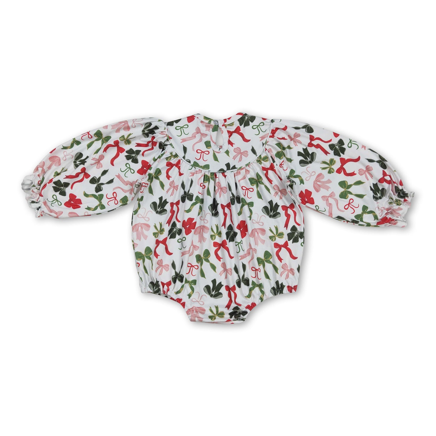 Long sleeves green red bow girls Christmas romper
