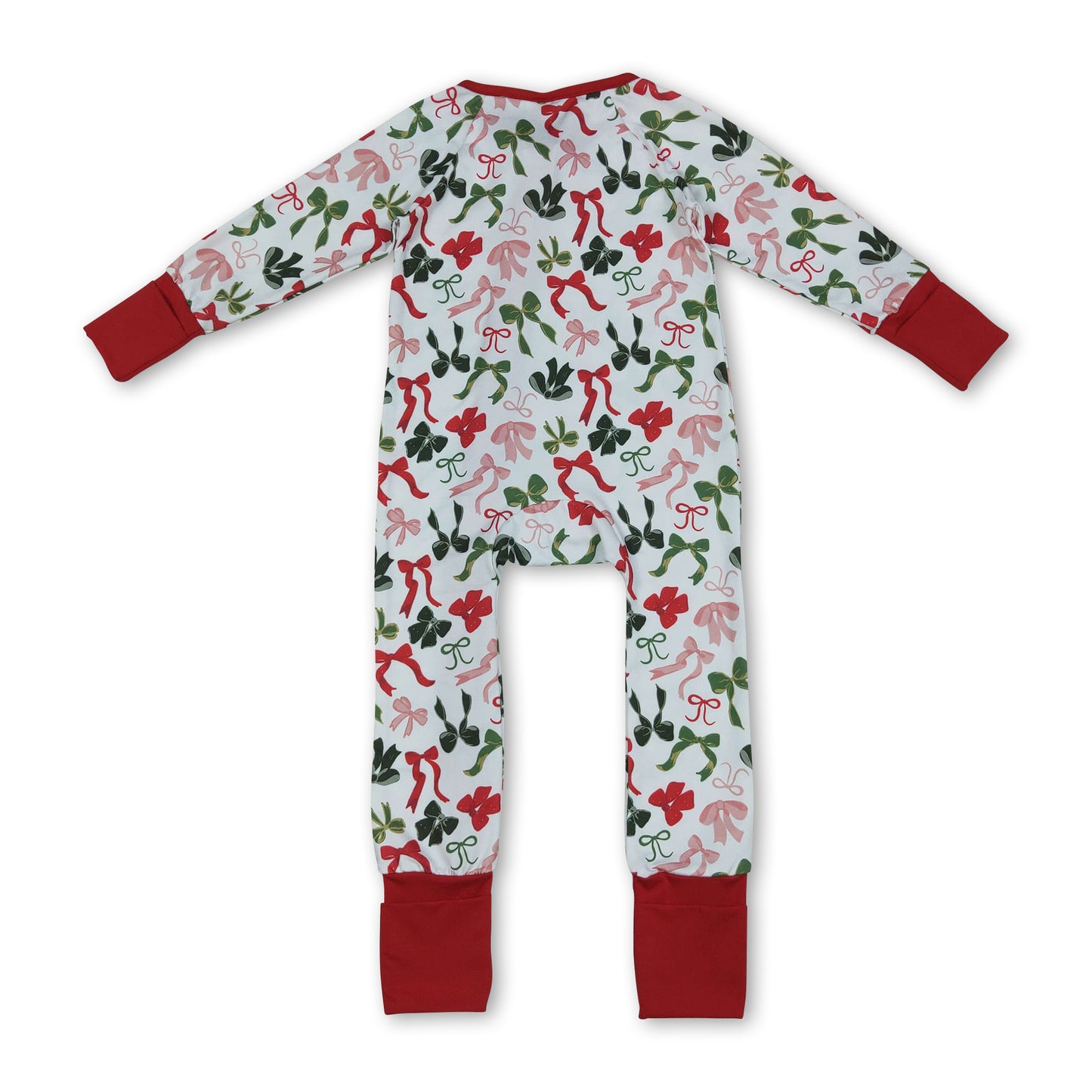 Long sleeves red green bows baby Christmas zipper romper