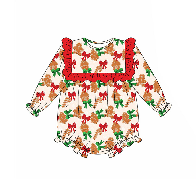Long sleeves gingerbread bow baby girls Christmas romper