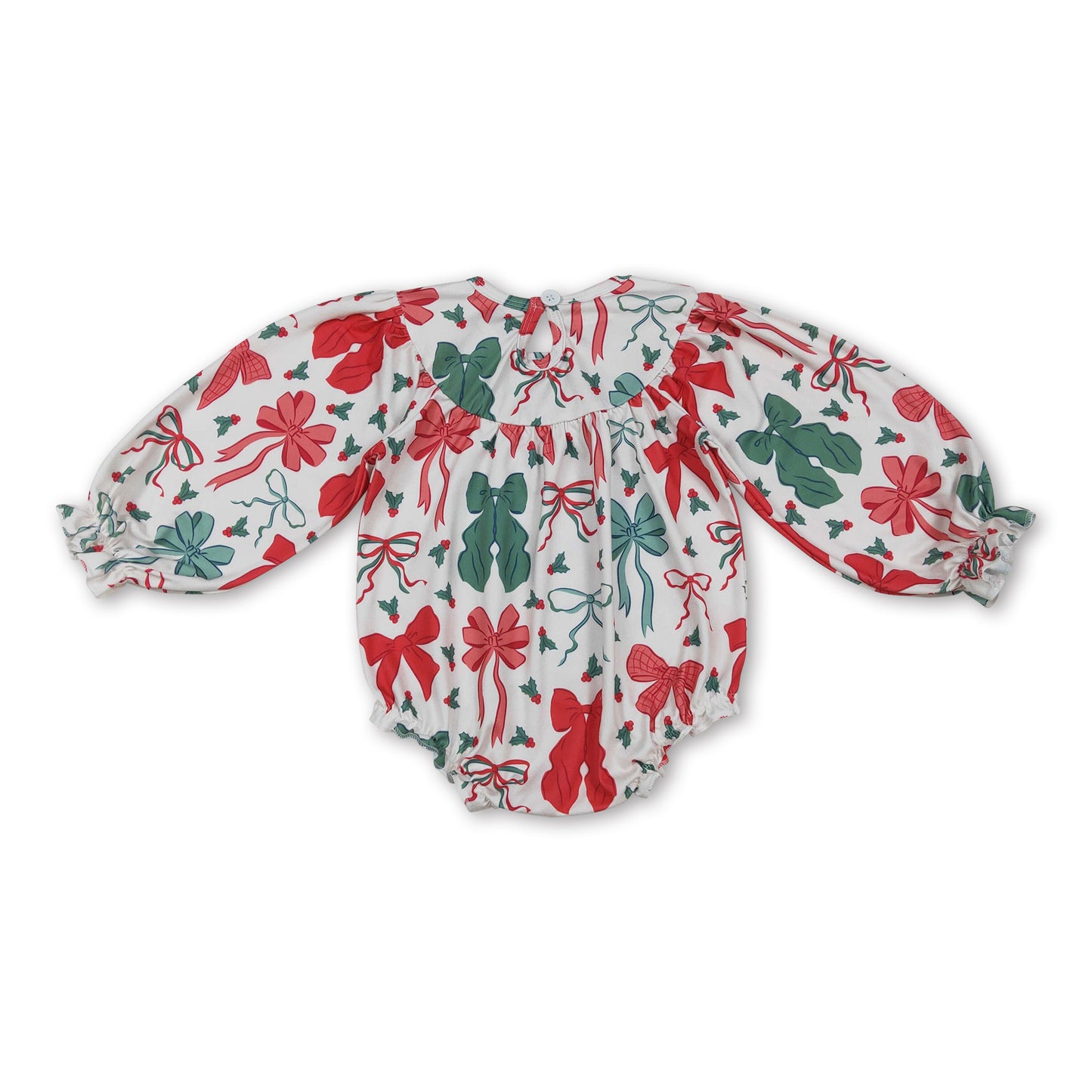 Green red bows smocked girls Christmas romper